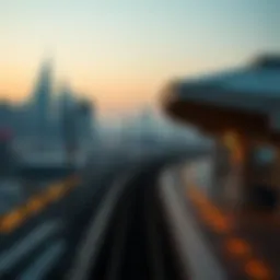 Aerial view of the Dubai Metro station with city skyline in the background