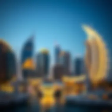 An evening view of Dubai Marina with lights reflecting on the water