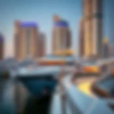 Luxury Yacht at Dubai Marina A close-up of a luxury yacht docked in the marina with stunning architecture in the background