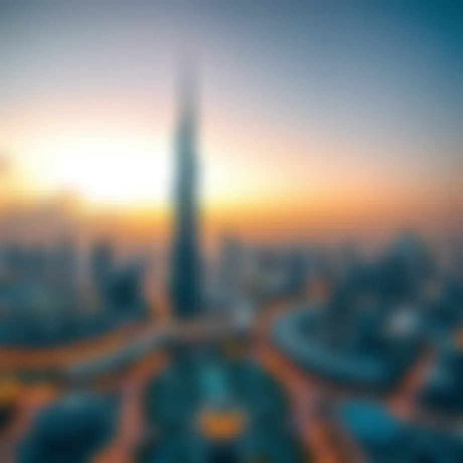 Aerial view of the Burj Khalifa and Dubai skyline at sunset