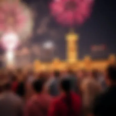 Crowds gathered at a prominent location enjoying the fireworks display