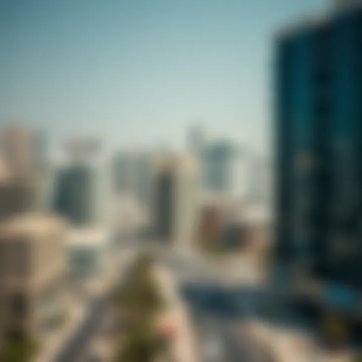 Urban landscape of Dubai with buildings and location markers