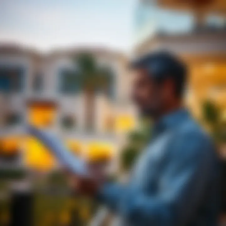 Investor examining property listings in an upscale Dubai neighborhood