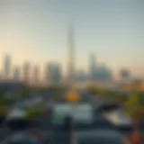 Overview of Dubai's skyline with parking areas