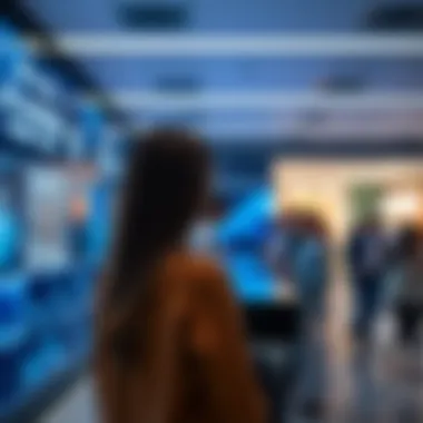 Visitors engaging with interactive displays inside the center