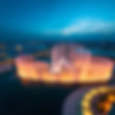 Aerial shot of the Dubai Fountain showcasing its grandeur
