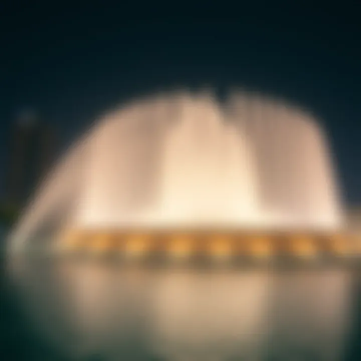 The Dubai Fountain performing in sync with music under the night sky