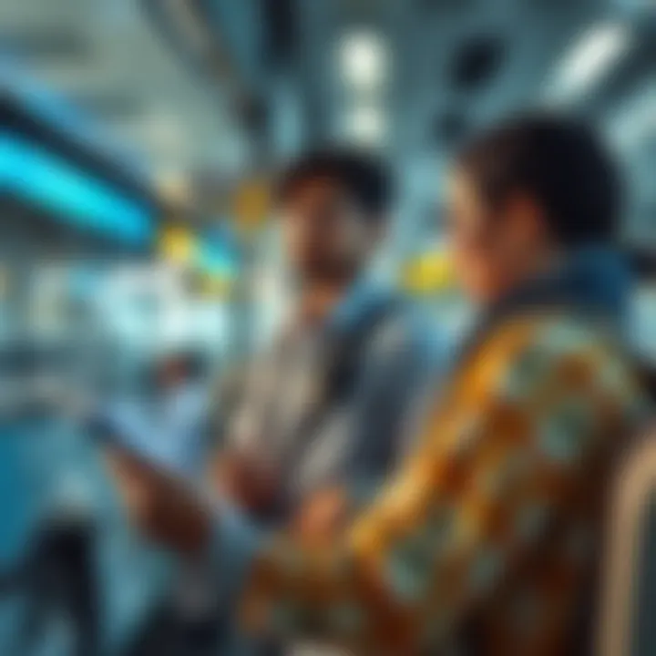 Travelers checking the bus schedule