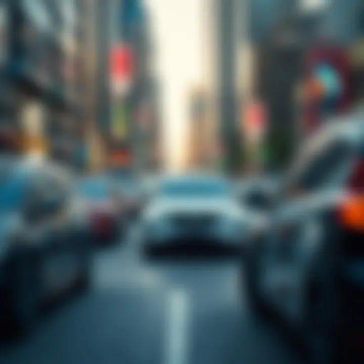 A vibrant cityscape showcasing electric vehicles on the road