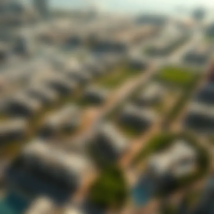 Aerial view of Urbana Dubai highlighting its urban layout and green spaces